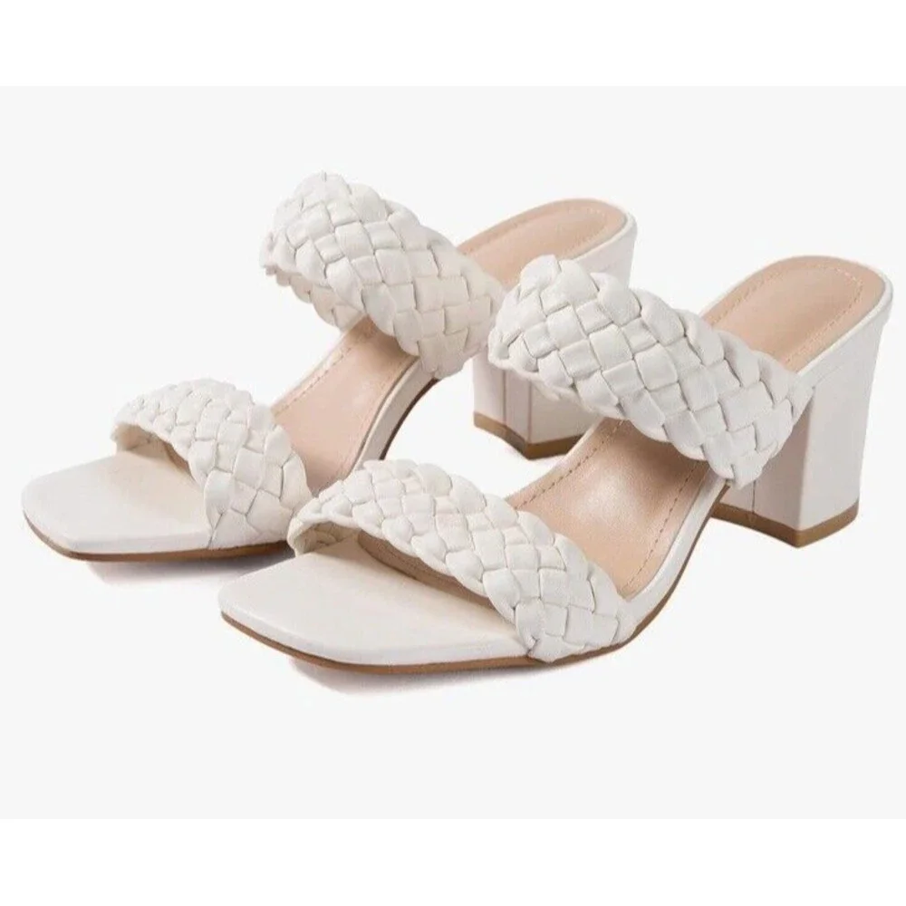 New Women White Braided Heels Sandals Chunky Block Heel Size 10 open toe